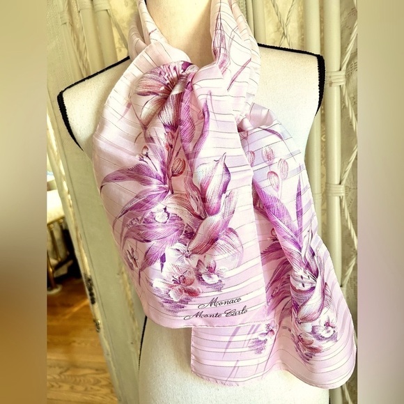 Vintage 1970s Scarf Sheer Oblong:  Monaco Monte Carlo Printed, Pink Rose Floral - Picture 4 of 15